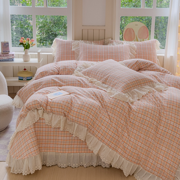 91家纺网 家纺一手货源 找家纺 久典家居 2024新款A类法式全棉色织水洗棉床盖四件套 可可桔