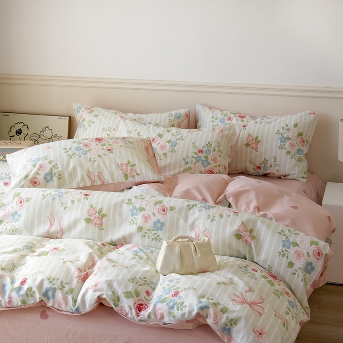 91家纺网 家纺一手货源 找家纺 2024新款印花小清新全棉四件套 清婉花语