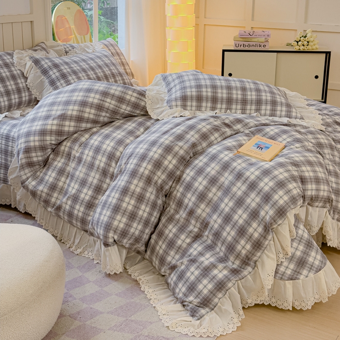 91家纺网 家纺一手货源 找家纺 久典家居 2024新款A类法式全棉色织水洗棉床盖四件套 可可灰