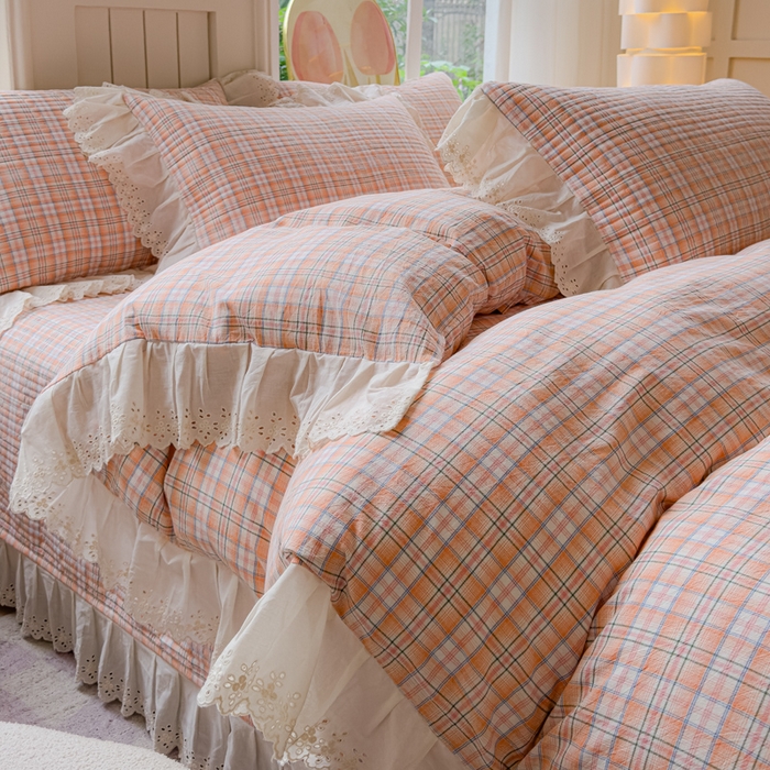 91家纺网 家纺一手货源 找家纺 久典家居 2024新款A类法式全棉色织水洗棉床盖四件套 可可桔