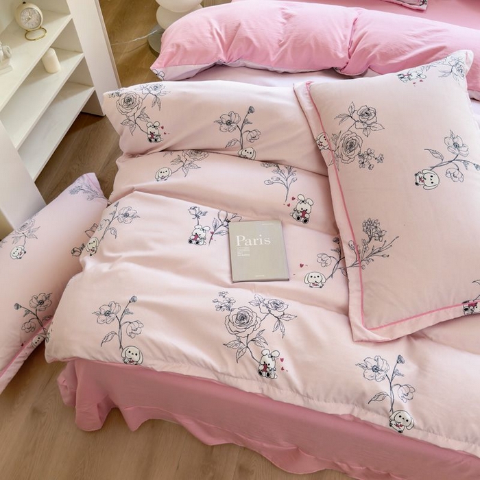 91家纺网 家纺一手货源 找家纺 禧多家纺 2024新款亲肤云锦棉四件套 卡拉-粉