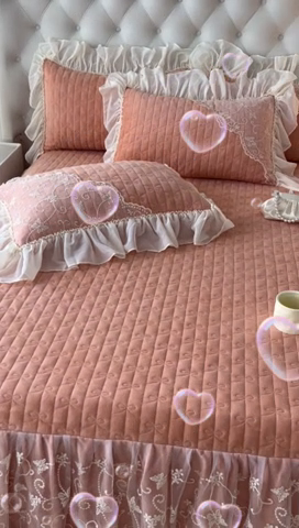 91家纺网 家纺一手货源 找家纺 罗艺轩 2024新款高克重牛奶雪纺边床裙三件套-羽蝶 梦幻玉