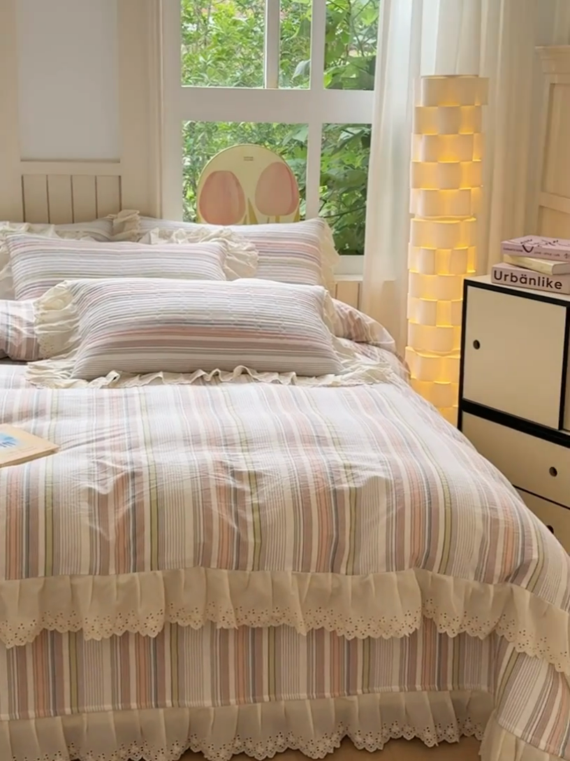 91家纺网 家纺一手货源 找家纺 久典家居 2024新款A类法式全棉色织水洗棉床盖四件套 沐妍粉