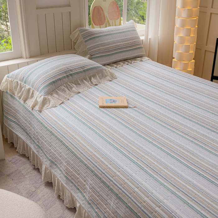 91家纺网 家纺一手货源 找家纺 久典家居 2024新款A类法式全棉色织水洗棉单床盖 沐妍绿