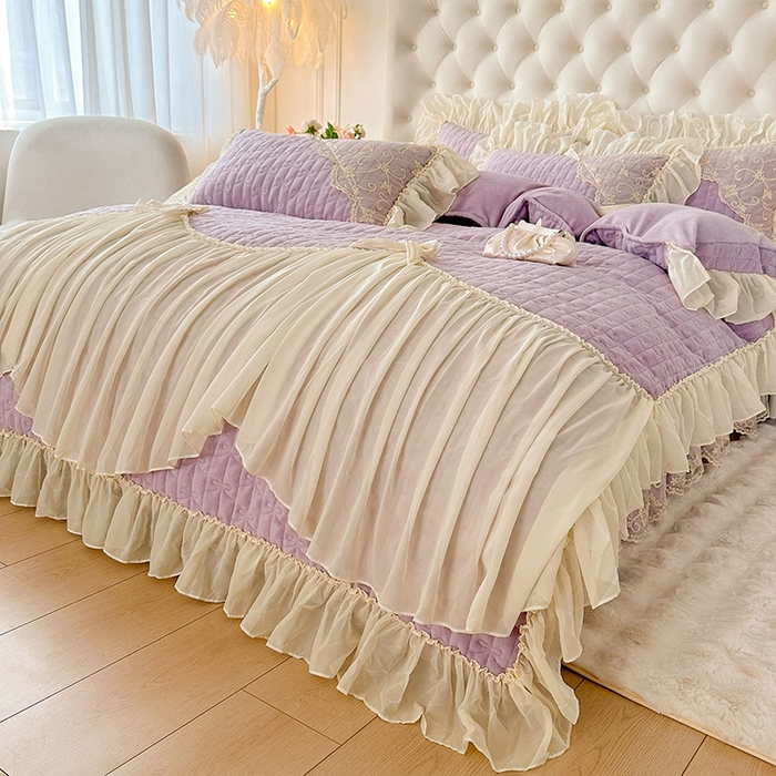 91家纺网 家纺一手货源 找家纺 罗艺轩 2024新款高克重牛奶雪纺边床裙四件套-羽蝶 甜紫