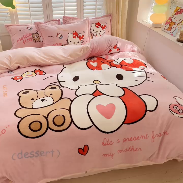 91家纺网 家纺一手货源 找家纺 星座家纺 2025新款大版三丽鸥牛奶绒四件套 KT猫-大版