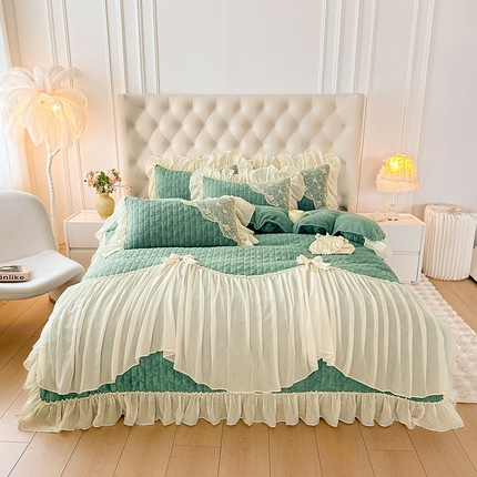 罗艺轩 2024新款高克重牛奶雪纺边床裙四件套-羽蝶 豆绿