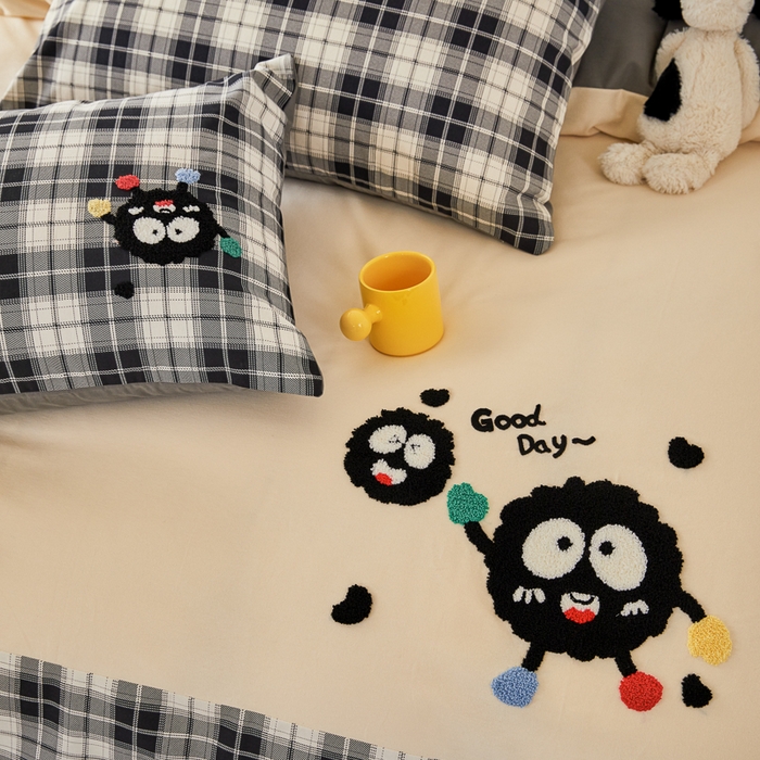 91家纺网 家纺一手货源 找家纺 怡家居 2024秋冬新款全棉磨毛绣花四件套 幸运小煤球