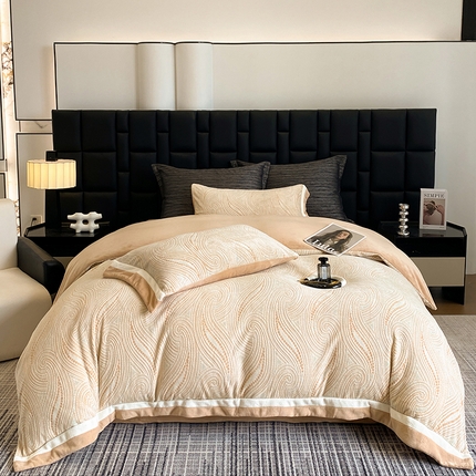 91家纺网 家纺一手货源 找家纺 若未家居 LOVEWE HOUSE 2025秋冬浪漫双拼角立体着色双色雕花全消光数码印花牛奶绒色烂四件套 流光溢彩 橘米色