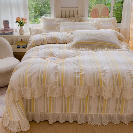 91家纺网 家纺一手货源 找家纺 久典家居 2024新款A类法式全棉色织水洗棉床盖四件套 沐妍黄