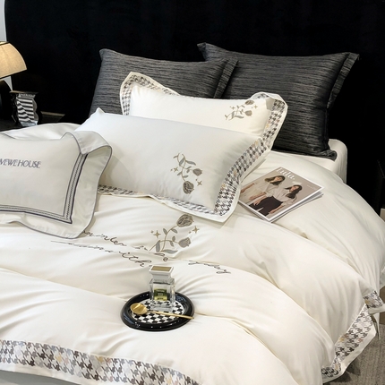 91家纺网 家纺一手货源 找家纺 （总）若未家居 2025新款长绒棉高精密刺绣款百万针工艺套件 千鸟格刺绣-锦簇