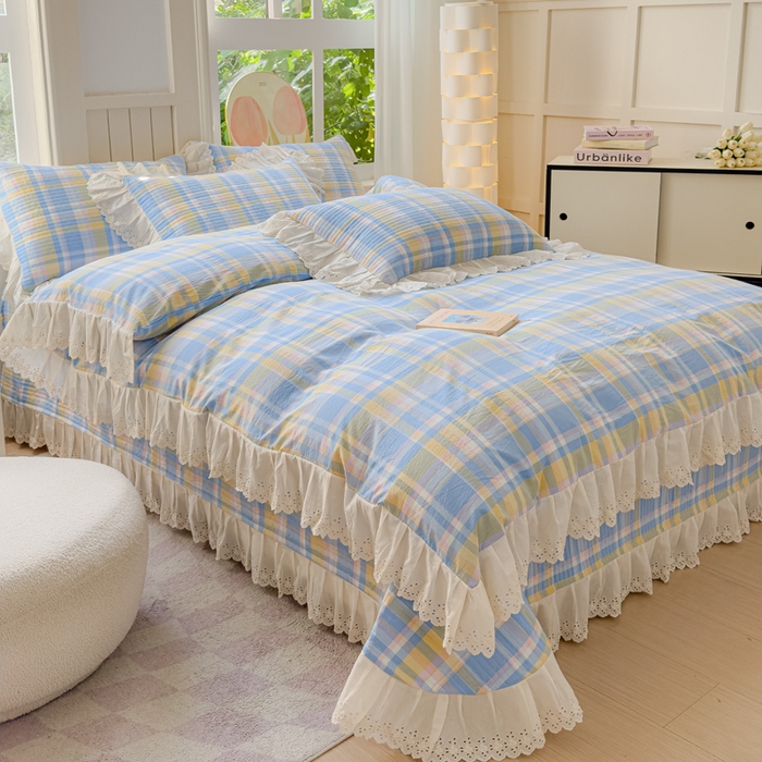 91家纺网 家纺一手货源 找家纺 久典家居 2024新款A类法式全棉色织水洗棉床盖四件套 昭华蓝