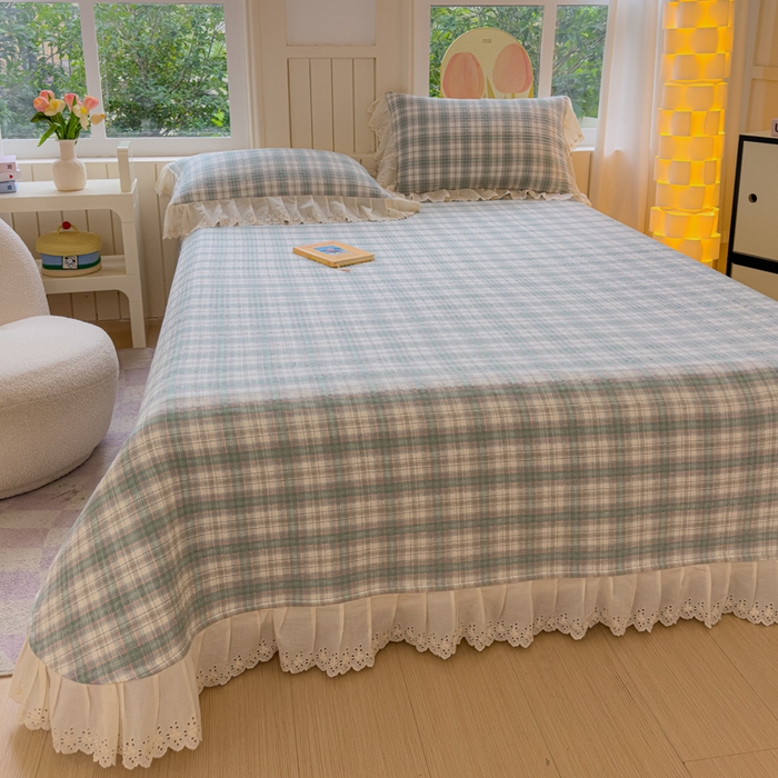 91家纺网 家纺一手货源 找家纺 久典家居 2024新款A类法式全棉色织水洗棉单床盖 可可绿