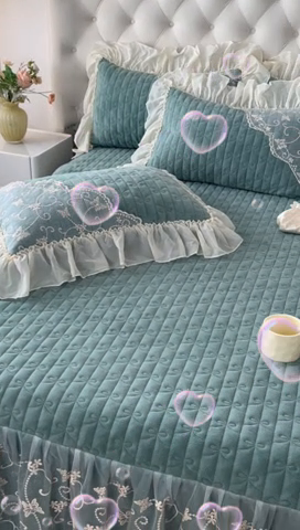 91家纺网 家纺一手货源 找家纺 罗艺轩 2024新款高克重牛奶雪纺边床裙三件套-羽蝶 豆绿