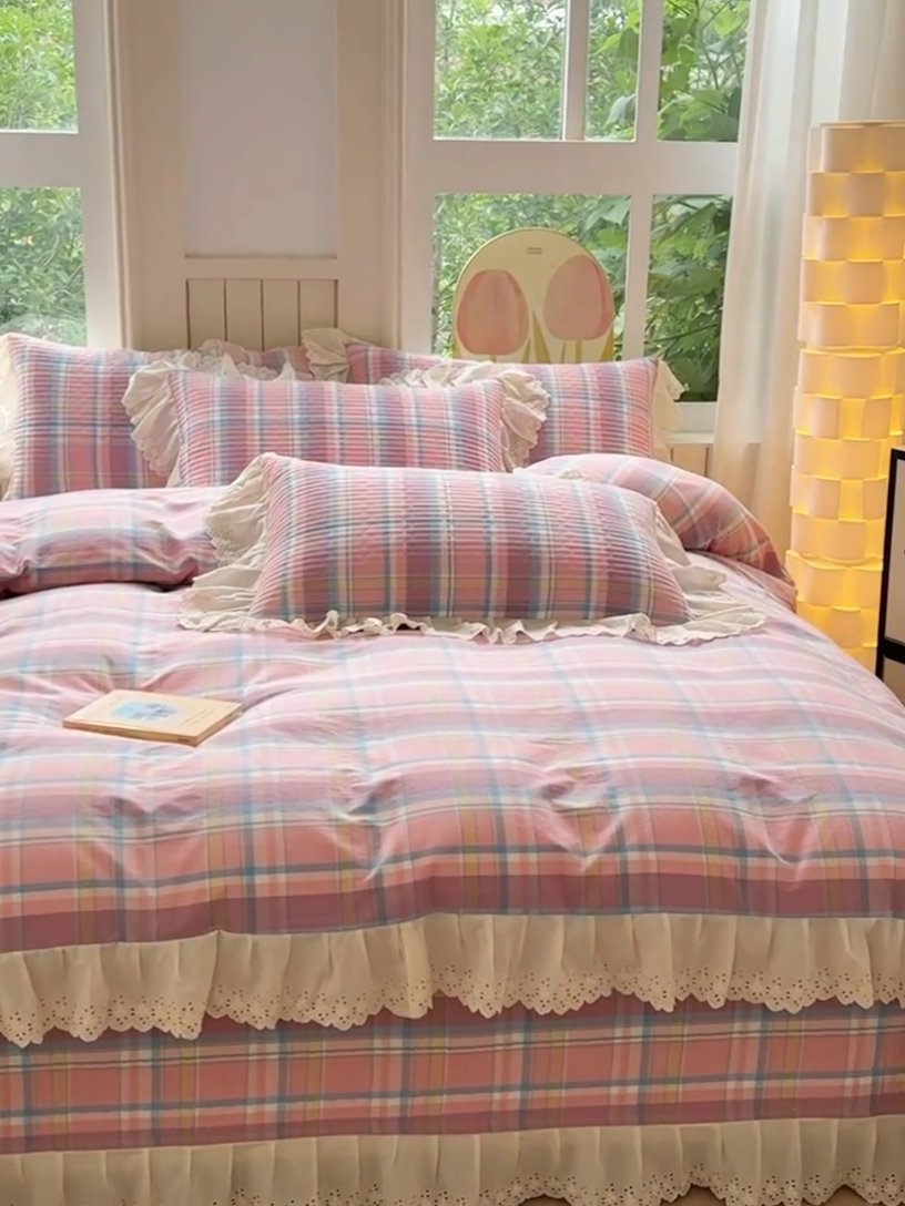 91家纺网 家纺一手货源 找家纺 久典家居 2024新款A类法式全棉色织水洗棉床盖四件套 昭华粉