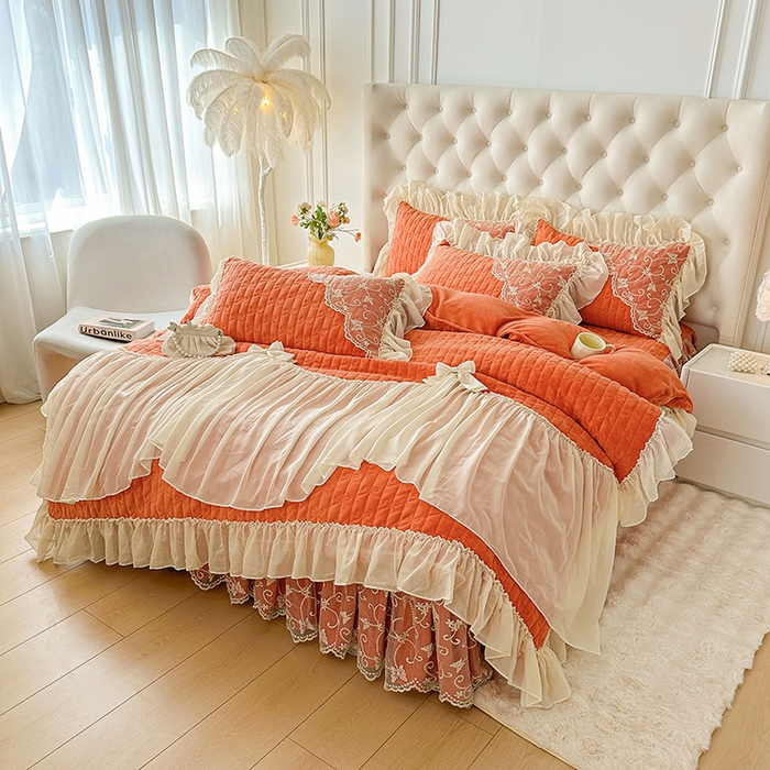 91家纺网 家纺一手货源 找家纺 罗艺轩 2024新款高克重牛奶雪纺边床裙四件套-羽蝶 爱玛橙