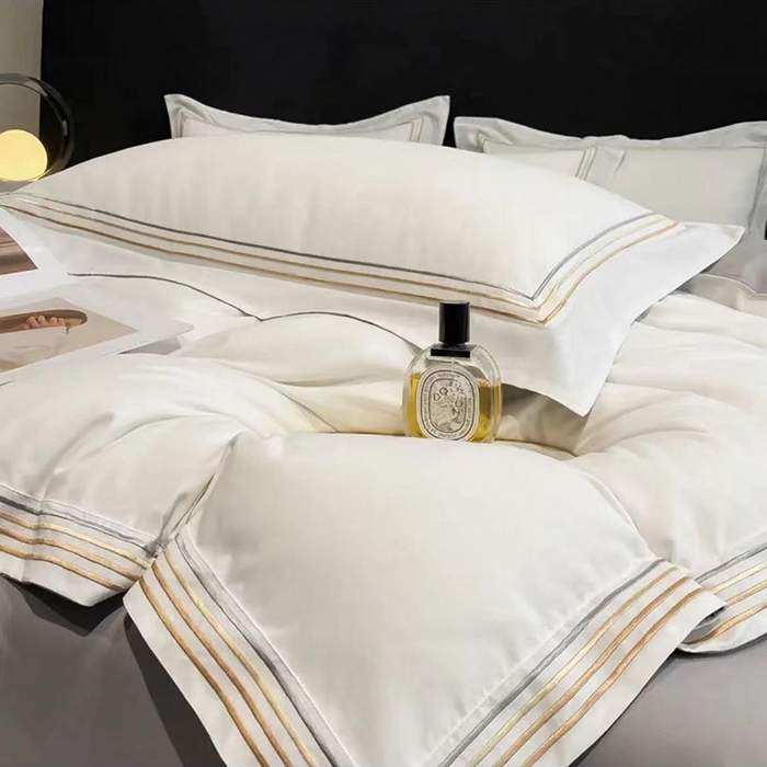 91家纺网 家纺一手货源 找家纺 禧多家纺 2024新款水洗棉轻奢绣花四件套 奶白-浅灰