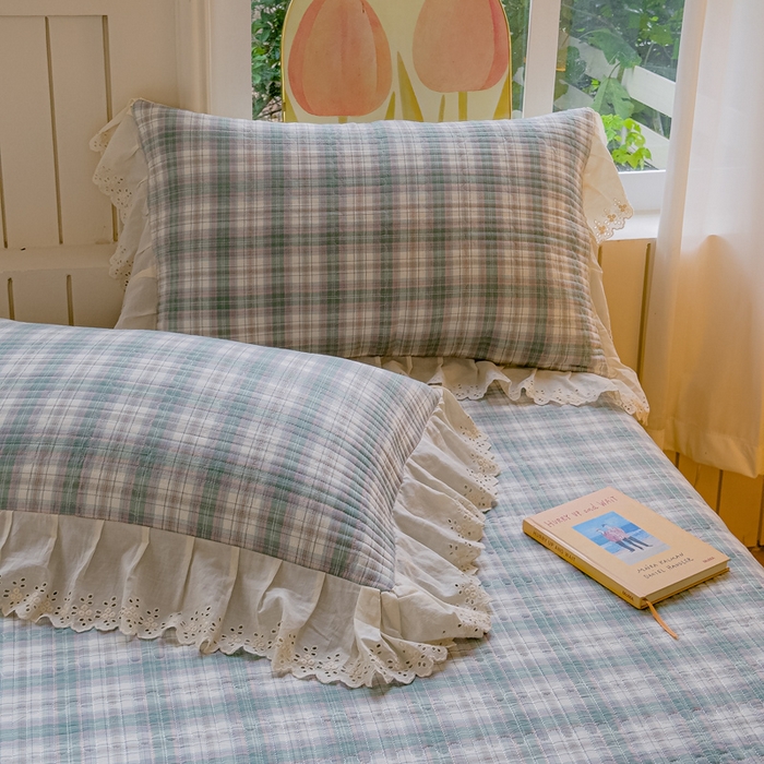 91家纺网 家纺一手货源 找家纺 久典家居 2024新款A类法式全棉色织水洗棉单床盖 可可绿