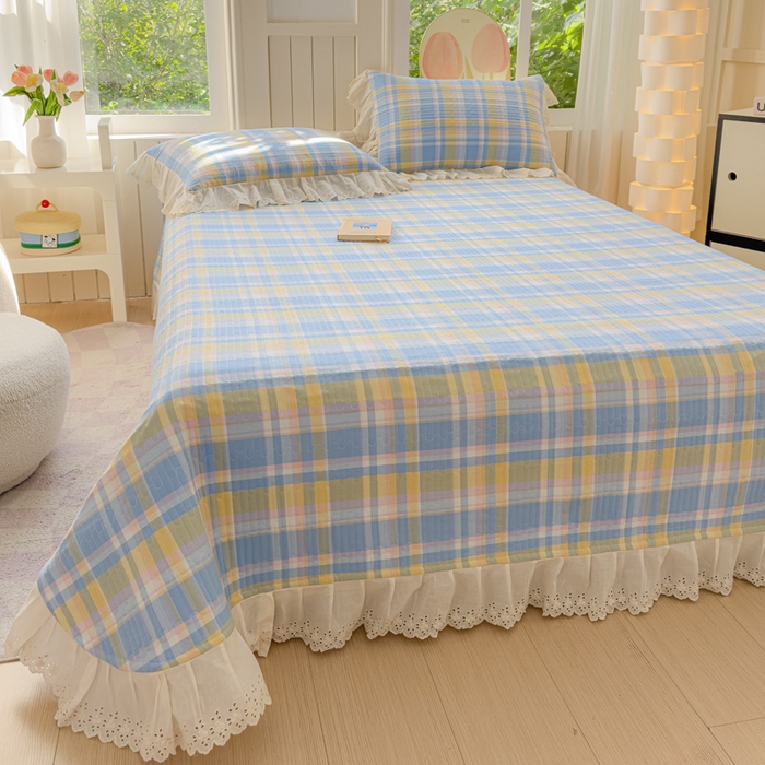 91家纺网 家纺一手货源 找家纺 久典家居 2024新款A类法式全棉色织水洗棉单床盖 昭华蓝