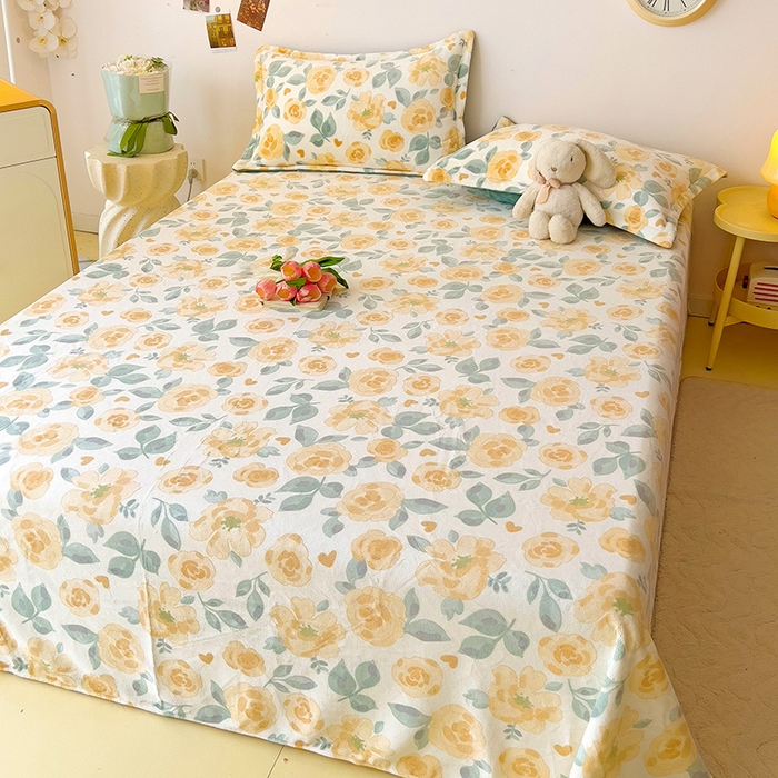 91家纺网 家纺一手货源 找家纺 大柏树 2025新款A类高克重亲肤舒适牛奶绒印花四件套-单床单可定制 朵柔-黄