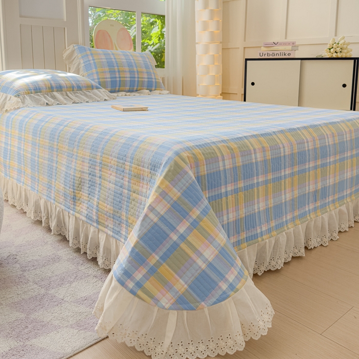 91家纺网 家纺一手货源 找家纺 久典家居 2024新款A类法式全棉色织水洗棉单床盖 昭华蓝