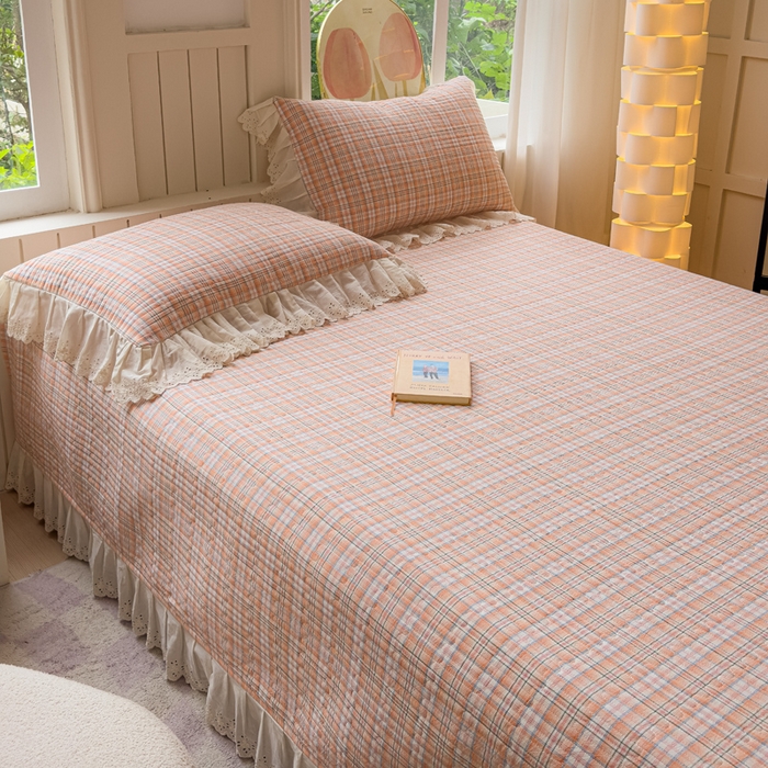 91家纺网 家纺一手货源 找家纺 久典家居 2024新款A类法式全棉色织水洗棉单床盖 可可桔