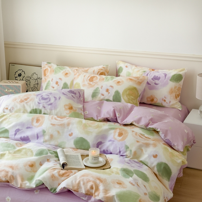 91家纺网 家纺一手货源 找家纺 2024新款印花小清新全棉四件套 莫奈印象