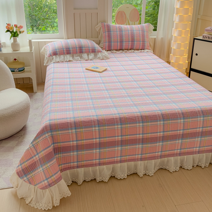 91家纺网 家纺一手货源 找家纺 久典家居 2024新款A类法式全棉色织水洗棉单床盖 昭华粉