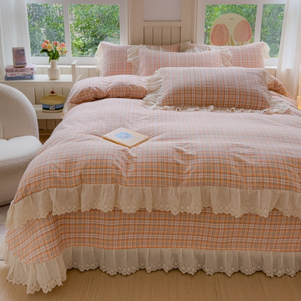 91家纺网 家纺一手货源 找家纺 久典家居 2024新款A类法式全棉色织水洗棉床盖四件套 可可桔