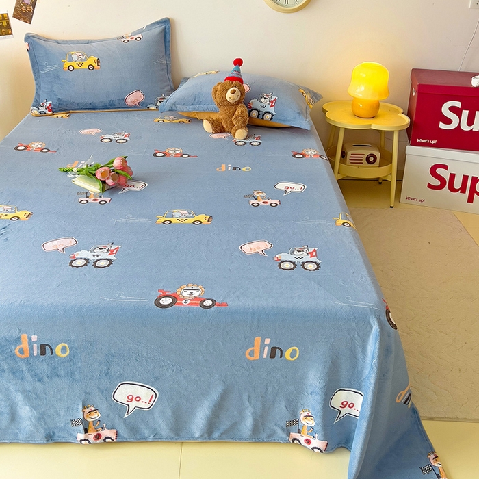 91家纺网 家纺一手货源 找家纺 大柏树 2025新款A类高克重亲肤舒适牛奶绒印花四件套-单床单可定制 精灵乐园-蓝