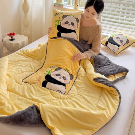 铭宣家居 2024新款加厚AB版婴儿绒和北极绒贴布绣刺绣抱枕被-胖墩熊猫 胖墩熊猫-柠檬黄
