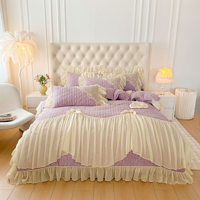 91家纺网 家纺一手货源 找家纺 罗艺轩 2024新款高克重牛奶雪纺边床裙四件套-羽蝶 甜紫