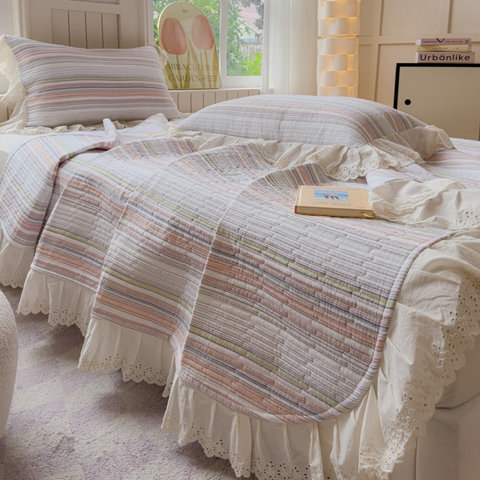 91家纺网 家纺一手货源 找家纺 久典家居 2024新款A类法式全棉色织水洗棉单床盖 沐妍粉