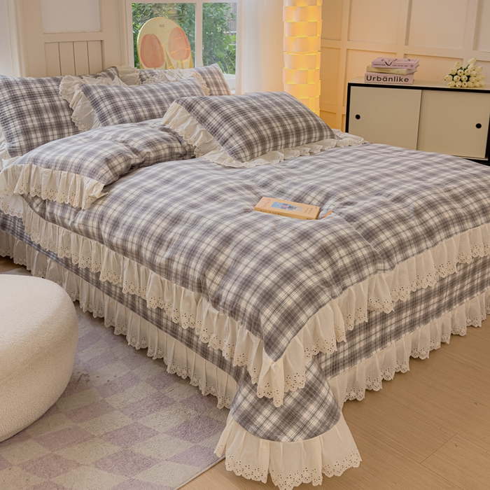 91家纺网 家纺一手货源 找家纺 久典家居 2024新款A类法式全棉色织水洗棉床盖四件套 可可灰