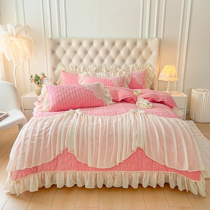 罗艺轩 2024新款高克重牛奶雪纺边床裙四件套-羽蝶 少女粉