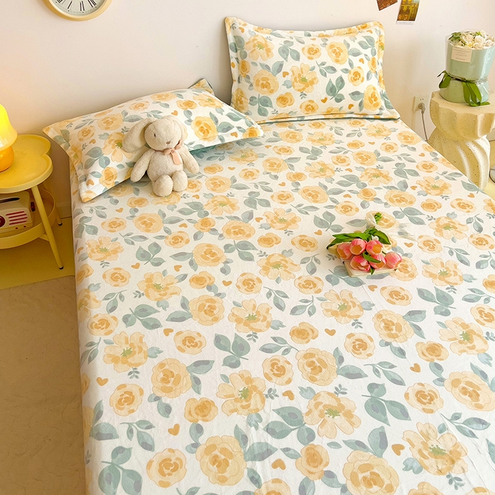 91家纺网 家纺一手货源 找家纺 大柏树 2025新款A类高克重亲肤舒适牛奶绒印花四件套-单床单可定制 朵柔-黄