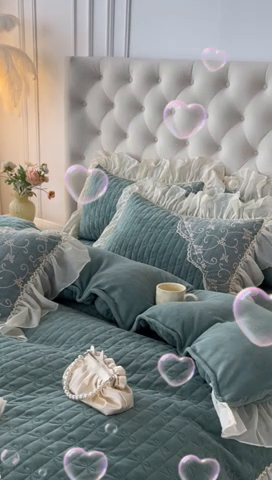 91家纺网 家纺一手货源 找家纺 罗艺轩 2024新款高克重牛奶雪纺边床裙四件套-羽蝶 豆绿