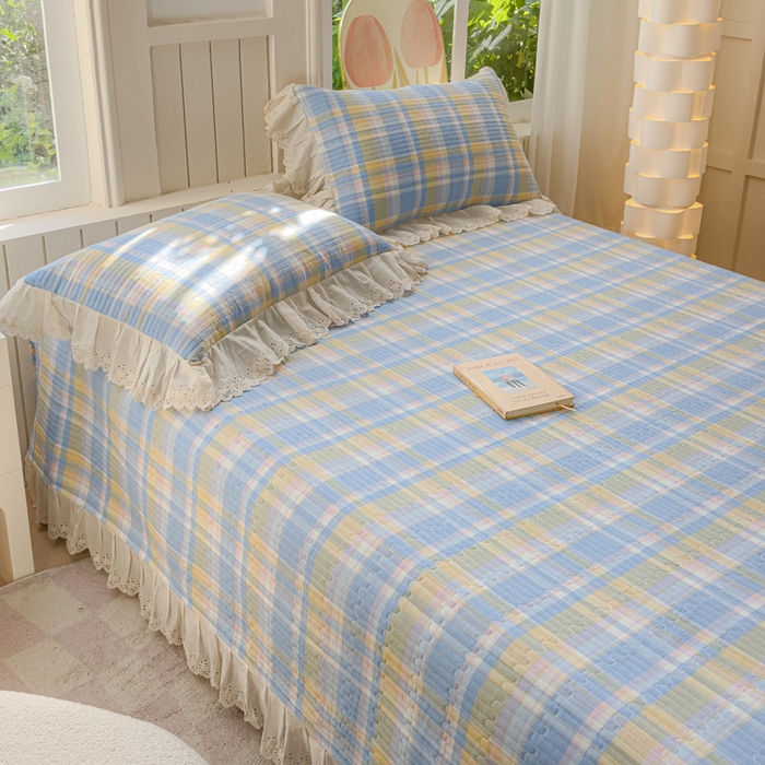 91家纺网 家纺一手货源 找家纺 久典家居 2024新款A类法式全棉色织水洗棉单床盖 昭华蓝