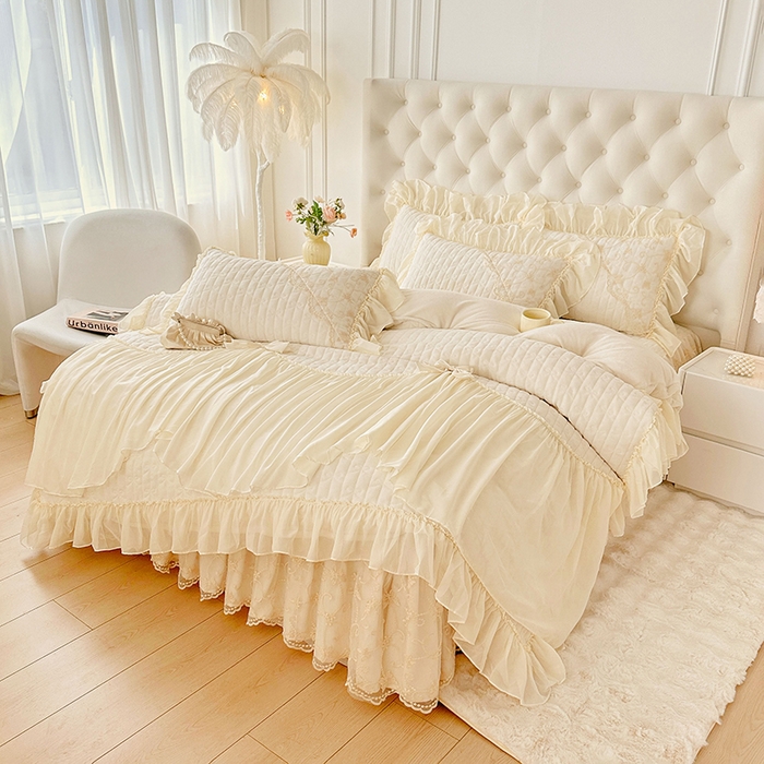 91家纺网 家纺一手货源 找家纺 罗艺轩 2024新款高克重牛奶雪纺边床裙四件套-羽蝶 奶昔