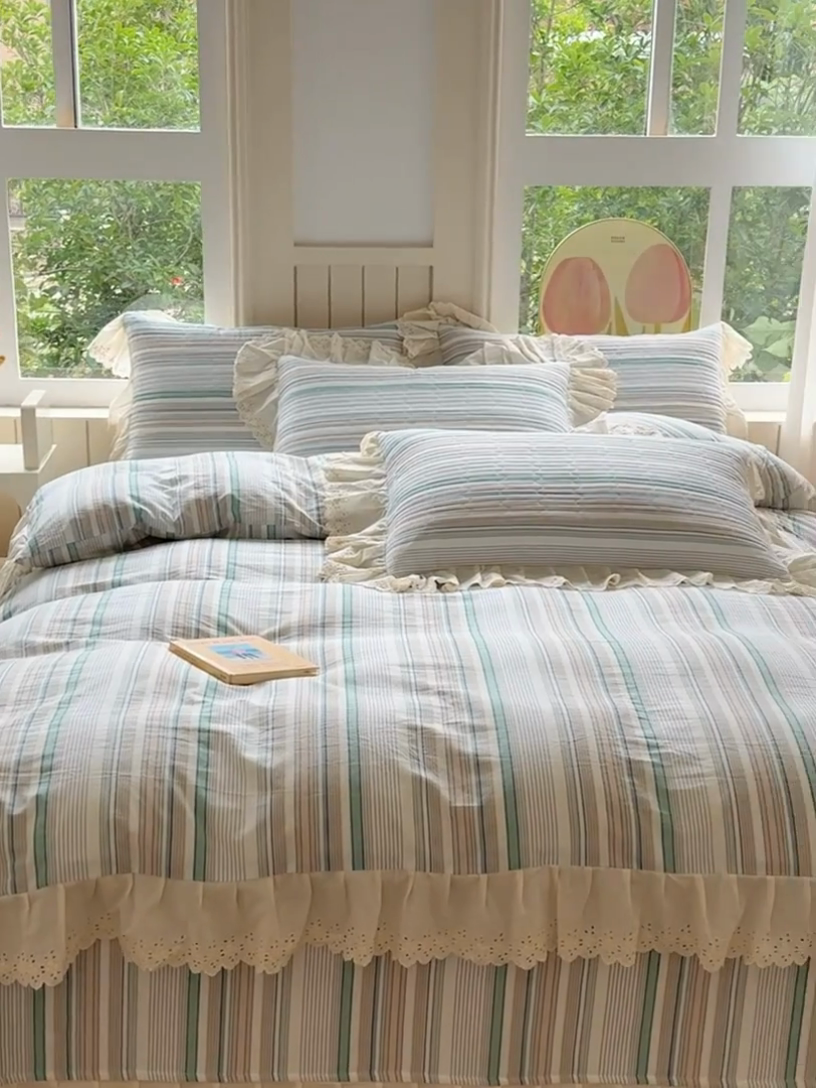 91家纺网 家纺一手货源 找家纺 久典家居 2024新款A类法式全棉色织水洗棉床盖四件套 沐妍绿