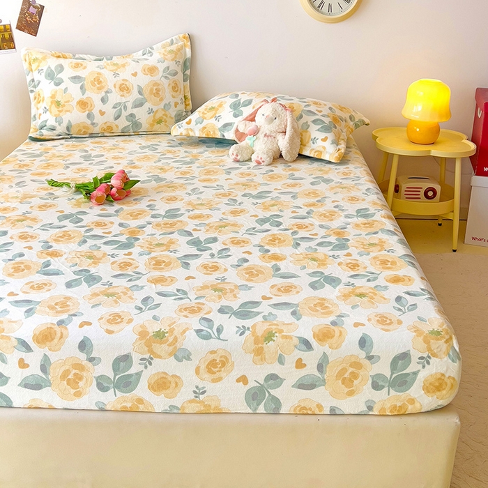 91家纺网 家纺一手货源 找家纺 大柏树 2025新款A类高克重亲肤舒适牛奶绒印花四件套-单床笠可定制 朵柔-黄