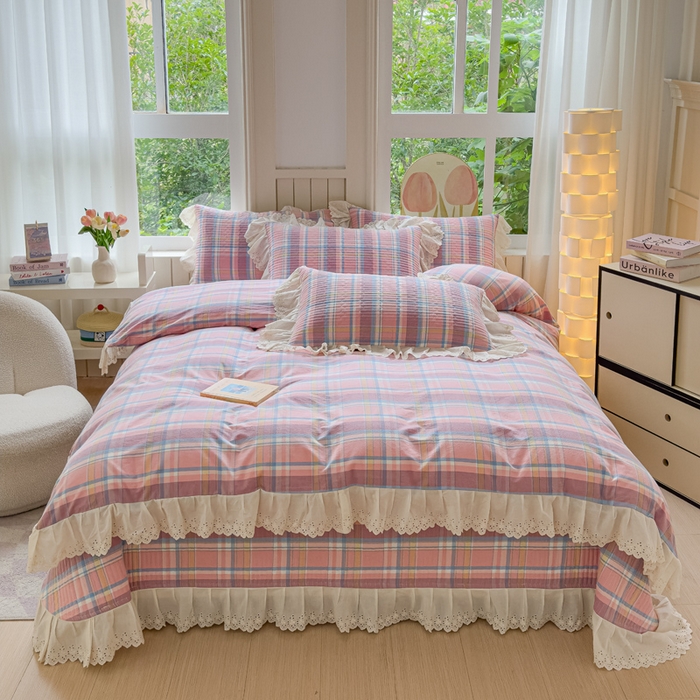 91家纺网 家纺一手货源 找家纺 久典家居 2024新款A类法式全棉色织水洗棉床盖四件套 昭华粉