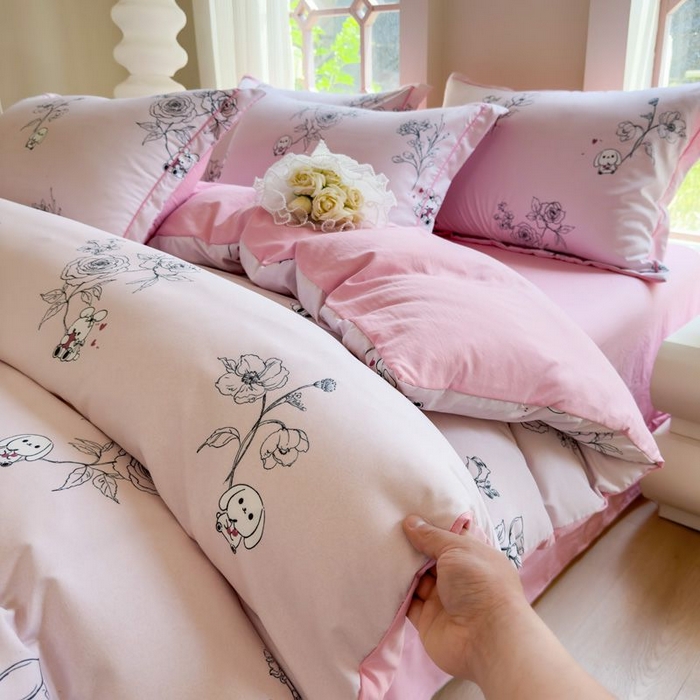 91家纺网 家纺一手货源 找家纺 禧多家纺 2024新款亲肤云锦棉四件套 卡拉-粉