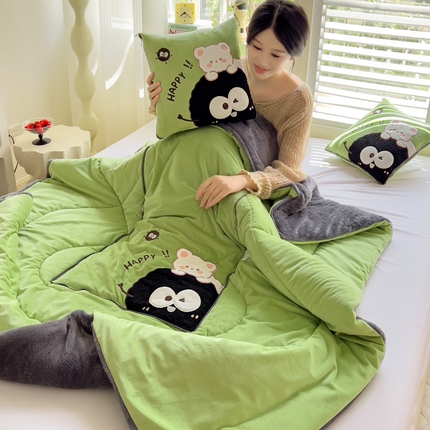 铭宣家居 2024新款加厚AB版婴儿绒和北极绒贴布绣刺绣抱枕被-可爱煤球 可爱煤球-果绿色