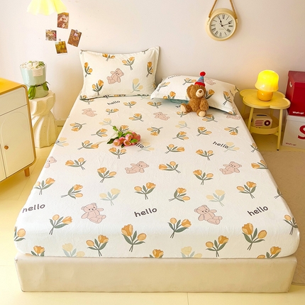 91家纺网 家纺一手货源 找家纺 大柏树 2025新款A类高克重亲肤舒适牛奶绒印花四件套-单床笠可定制 艾薇-黄