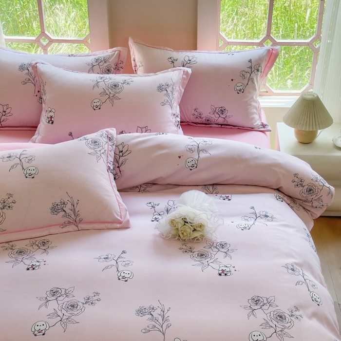 91家纺网 家纺一手货源 找家纺 禧多家纺 2024新款亲肤云锦棉四件套 卡拉-粉