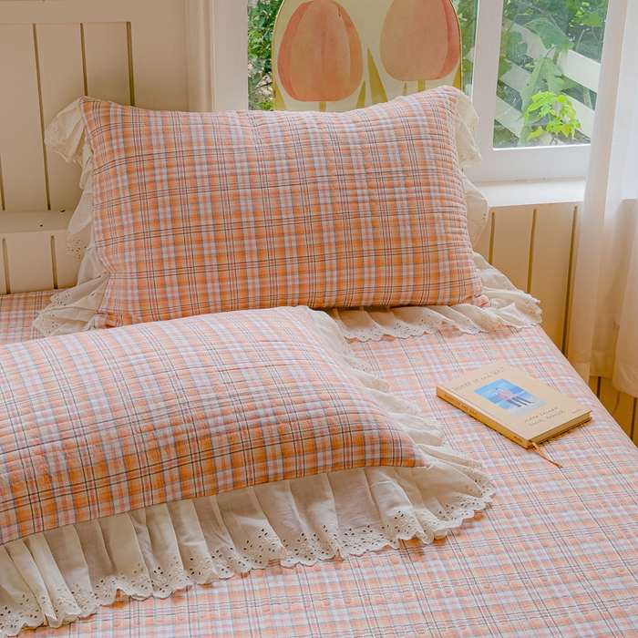 91家纺网 家纺一手货源 找家纺 久典家居 2024新款A类法式全棉色织水洗棉单床盖 可可桔