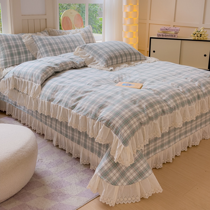 91家纺网 家纺一手货源 找家纺 久典家居 2024新款A类法式全棉色织水洗棉床盖四件套 可可绿