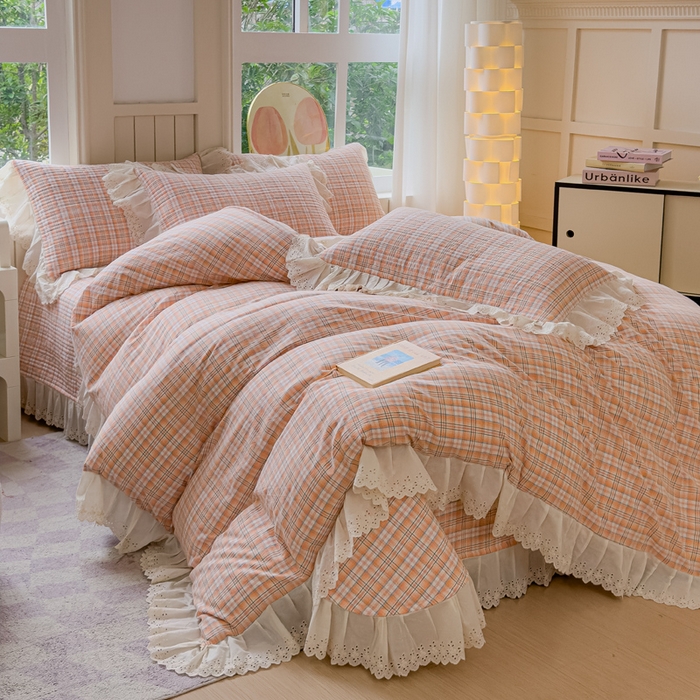 91家纺网 家纺一手货源 找家纺 久典家居 2024新款A类法式全棉色织水洗棉床盖四件套 可可桔