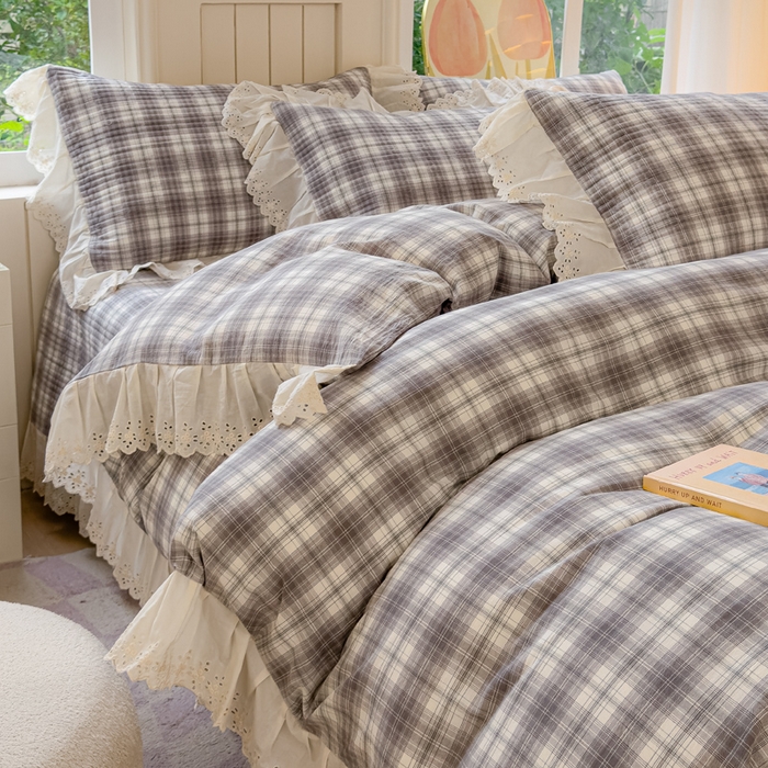 91家纺网 家纺一手货源 找家纺 久典家居 2024新款A类法式全棉色织水洗棉床盖四件套 可可灰